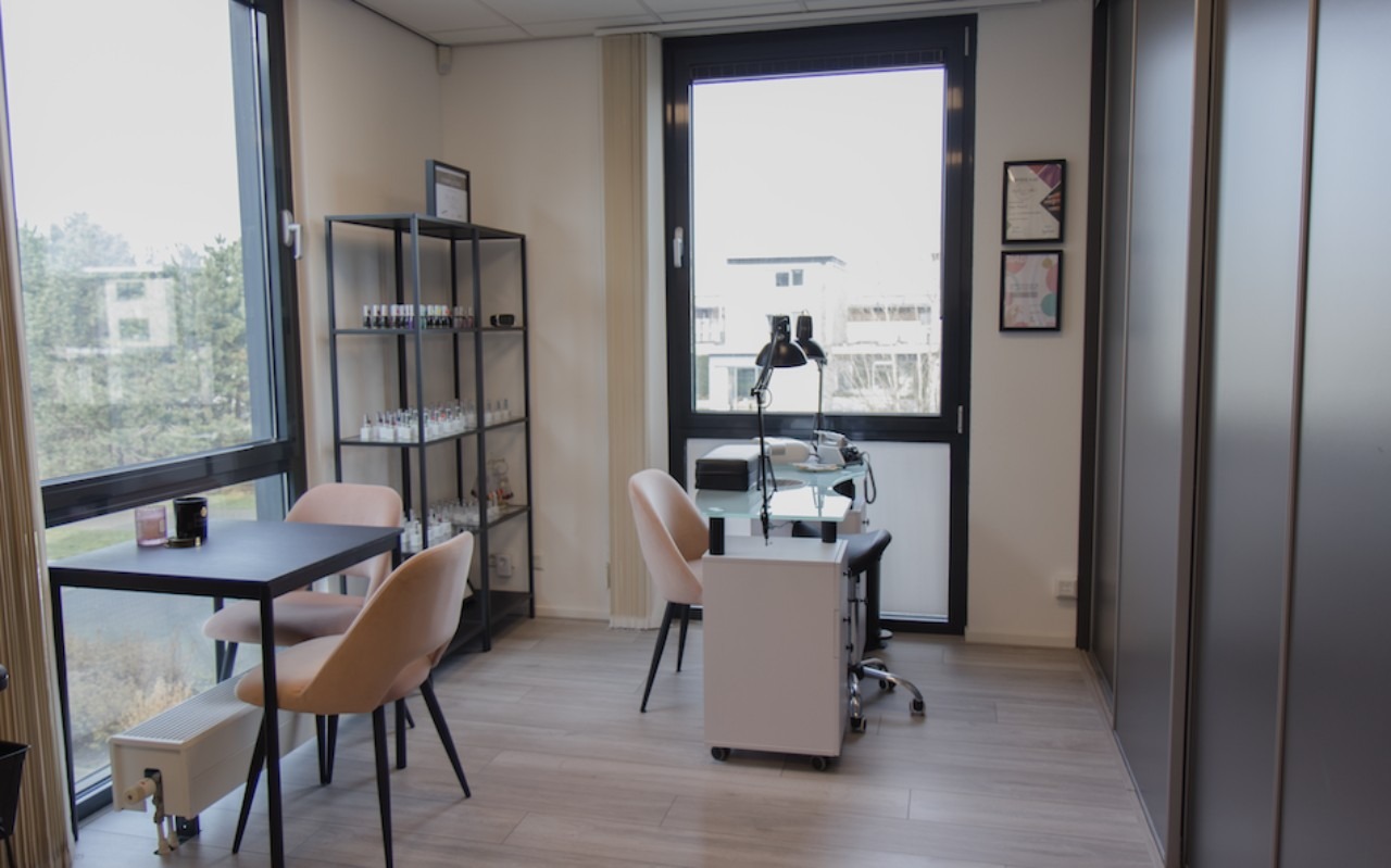 De hele studio: twee werkplekken aan grote ramen, blush stoelen en zwarte kasten